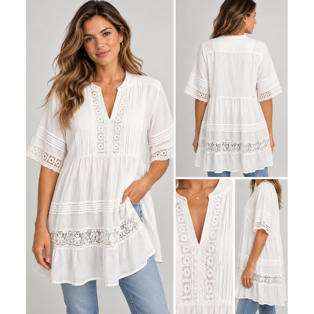 Maeve Anthropologie Off White Lace Trim Pintuck Tunic Top XL Boho Tiered V-Neck